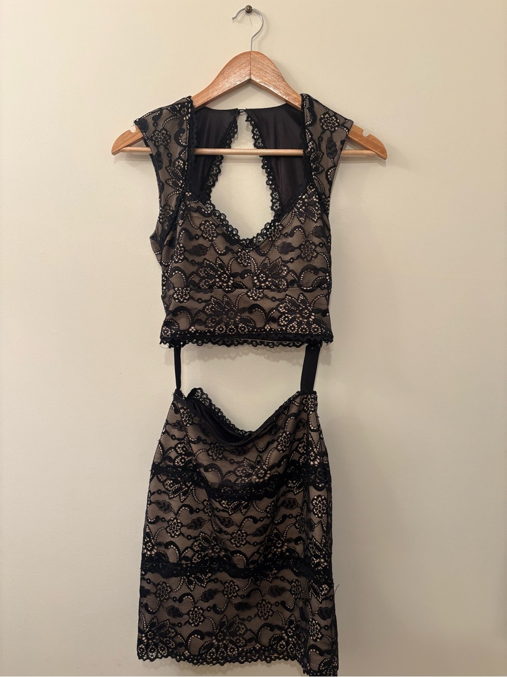 Bebe Black Lace Two-Piece Crop Top + Skirt Set Size XS
